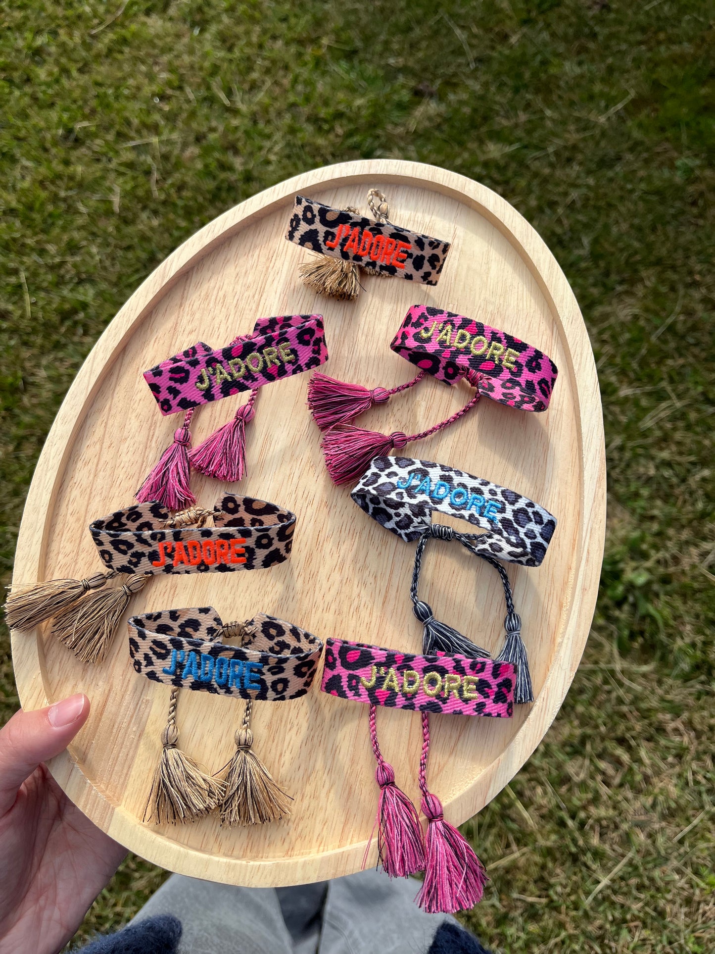 Bracelet tresse j’adore léopard rose/ orange fluo/ bleu électrique/ bleu clair