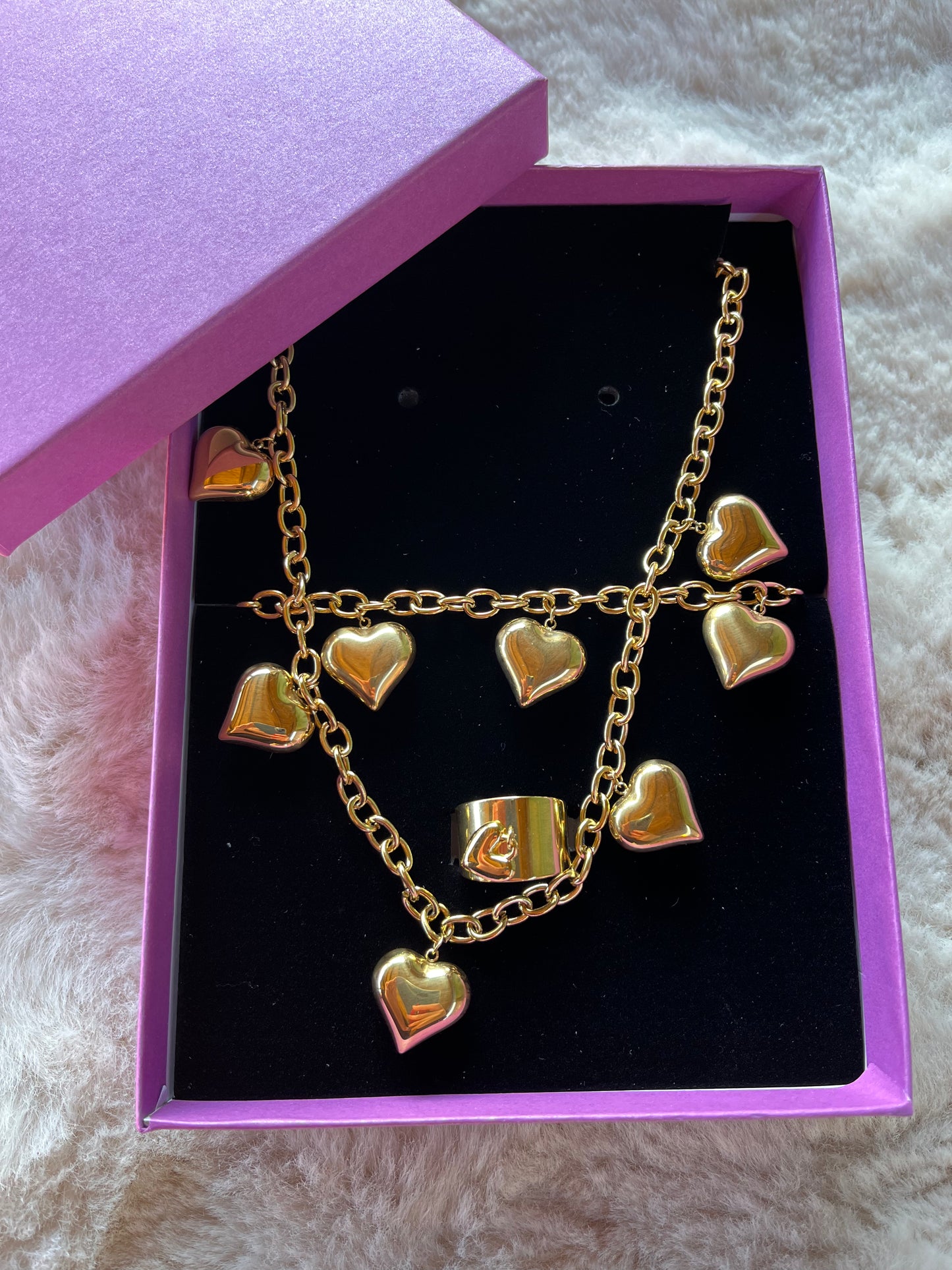 Coffret Collier + bracelet + bague CHARMS COEUR acier inoxydable doré ou argenté