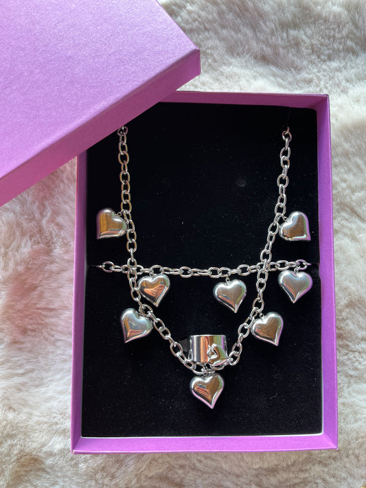 Coffret Collier + bracelet + bague CHARMS COEUR acier inoxydable doré ou argenté