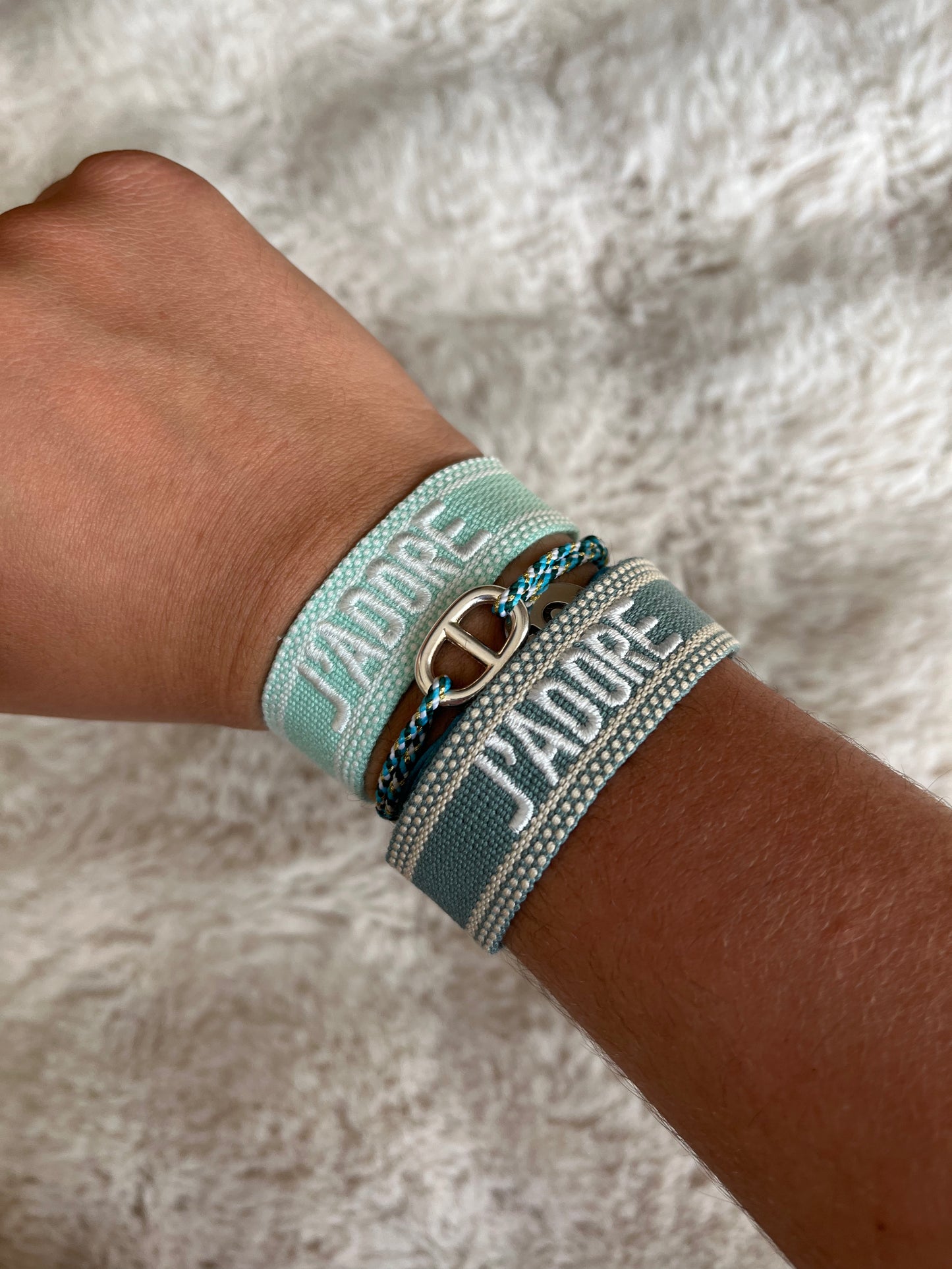 Bracelet tressé j’adore bleu turquoise/ vert turquoise