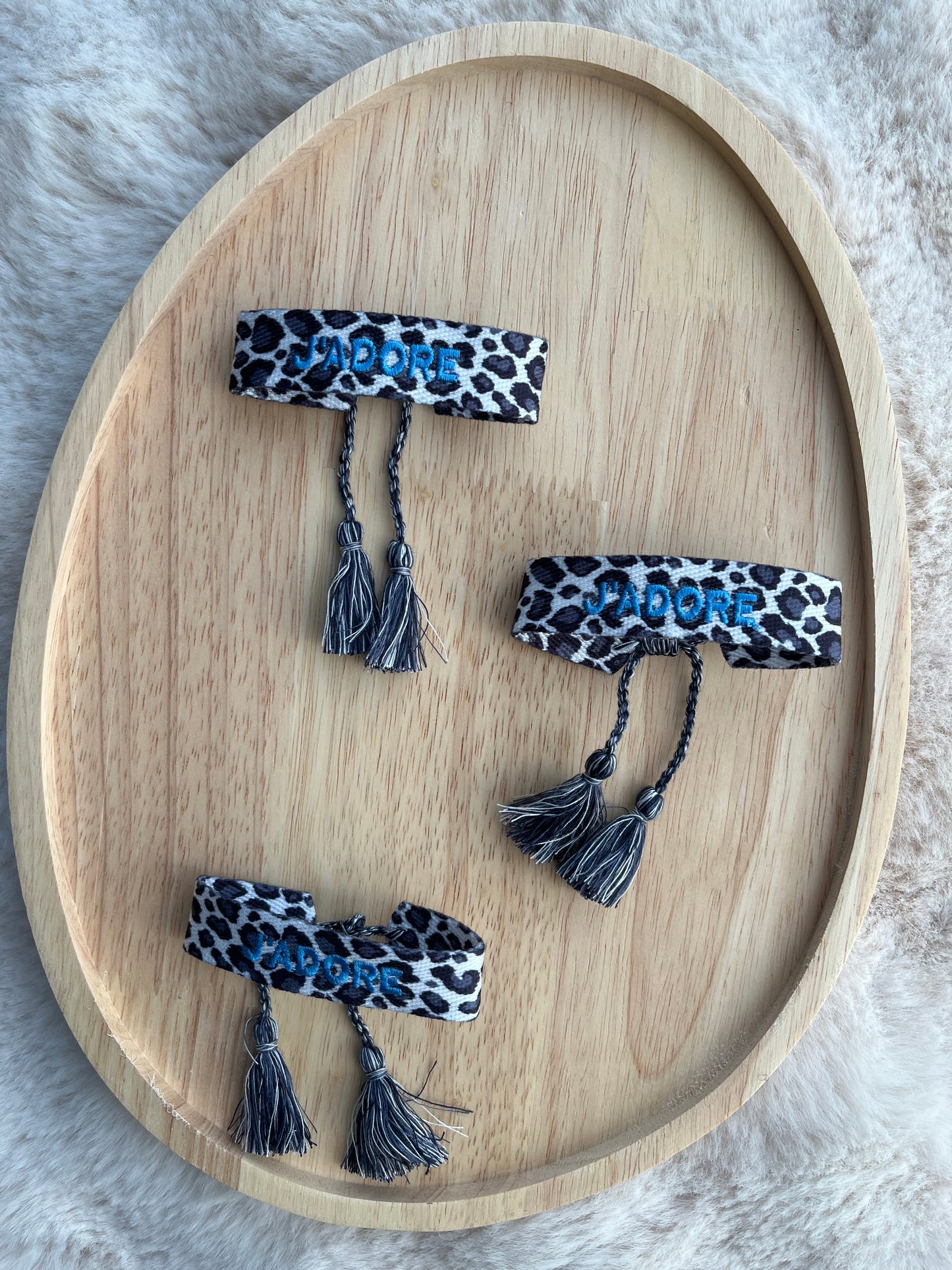 Bracelet tresse j’adore léopard rose/ orange fluo/ bleu électrique/ bleu clair