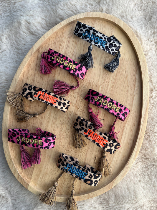 Bracelet tresse j’adore léopard rose/ orange fluo/ bleu électrique/ bleu clair