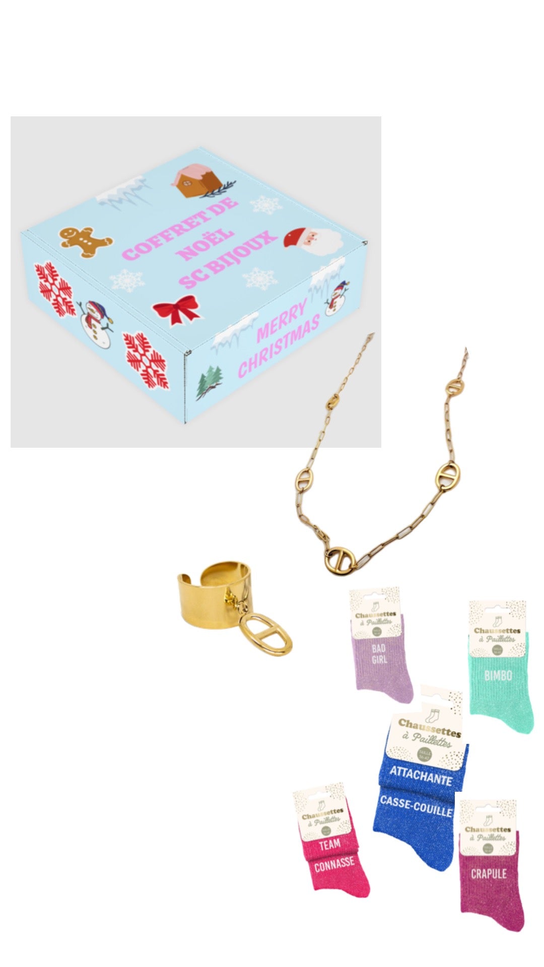 Précommande COFFRET de Noël Sautoir Jade + bague maille marine + chaussettes à paillettes