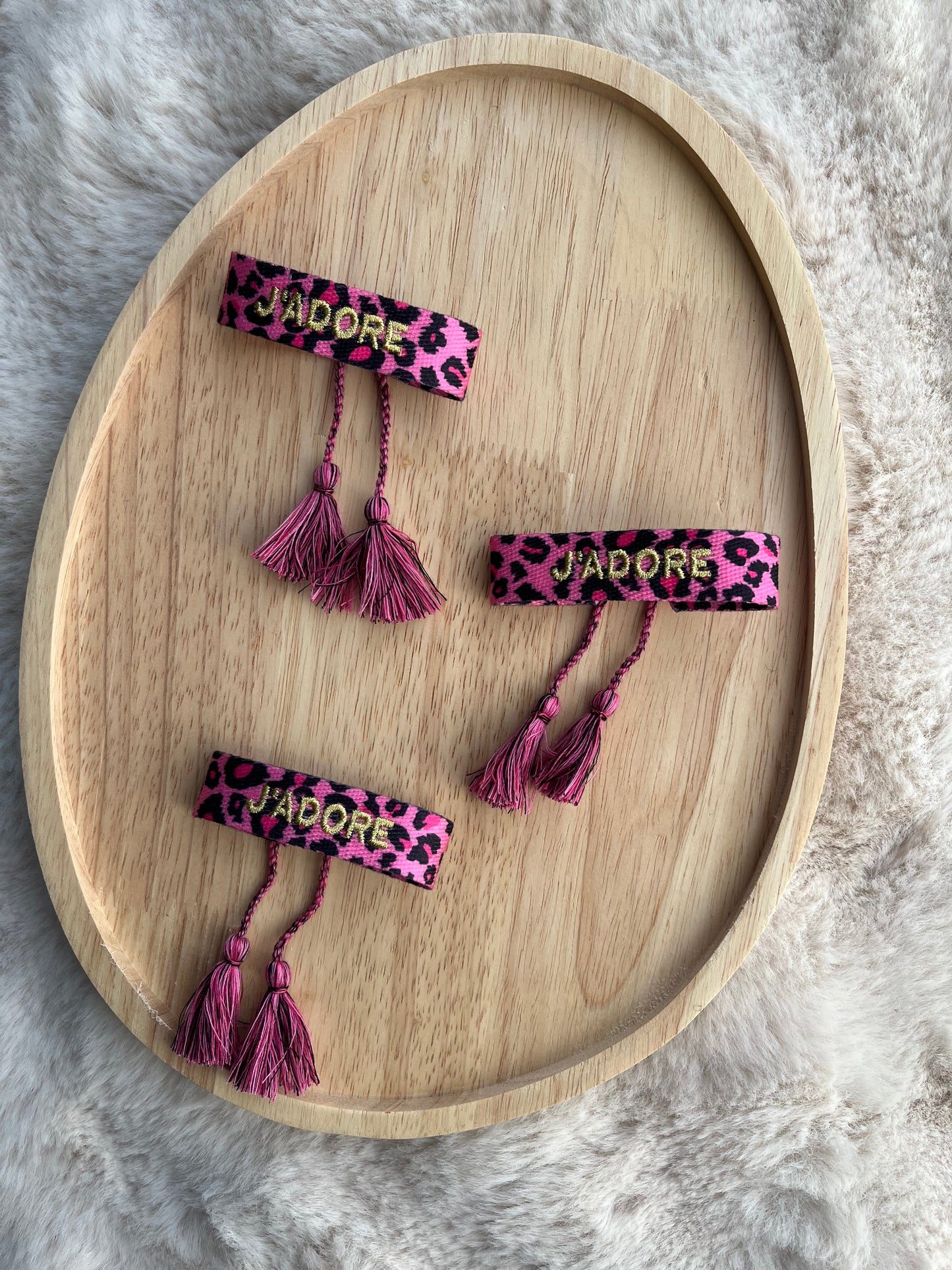 Bracelet tresse j’adore léopard rose/ orange fluo/ bleu électrique/ bleu clair