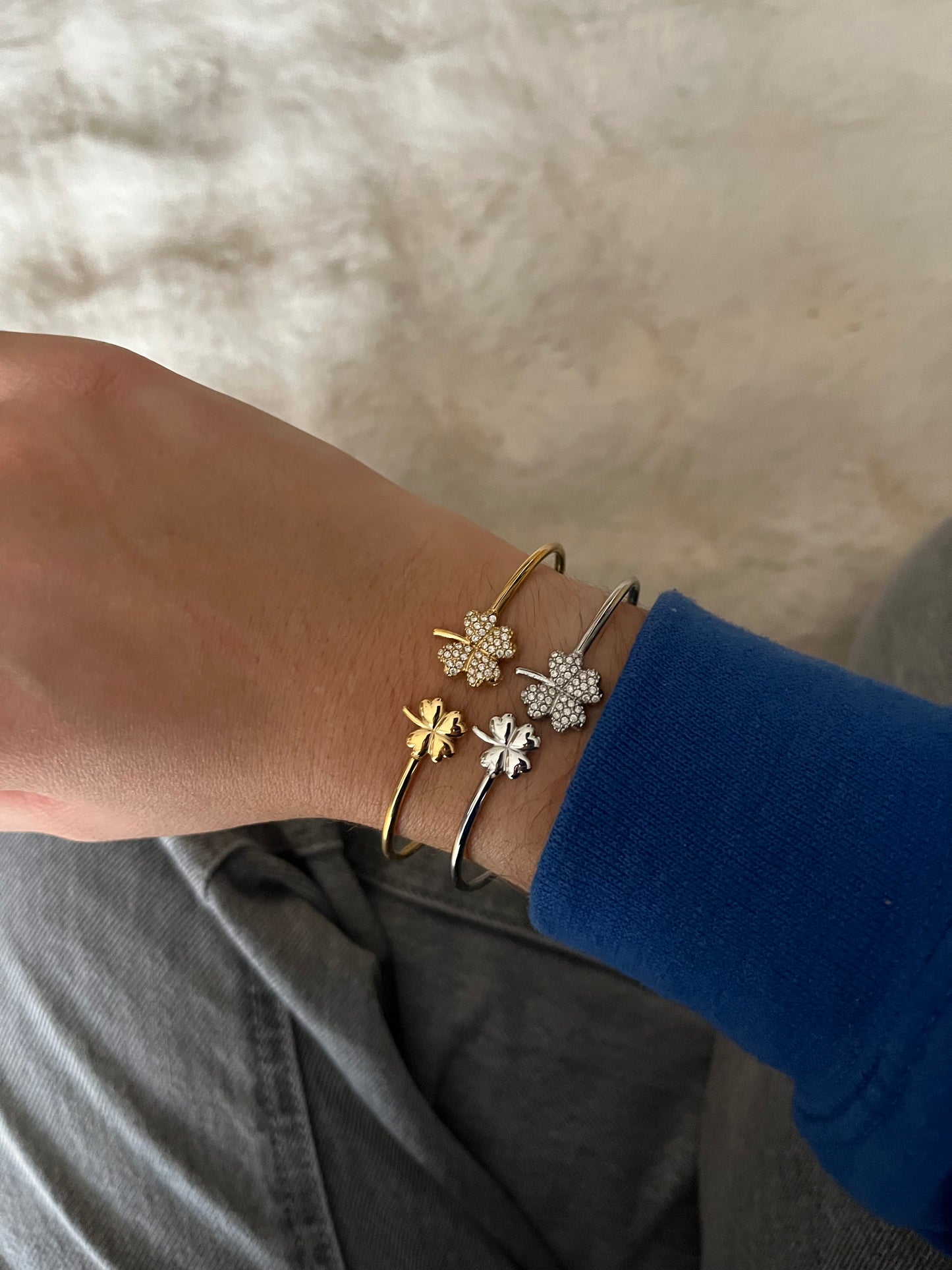 Jonc Trèfle STRASS acier inoxydable argenté ou doré