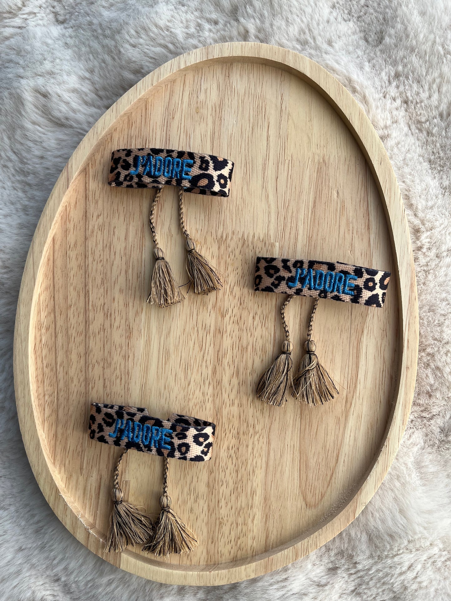 Bracelet tresse j’adore léopard rose/ orange fluo/ bleu électrique/ bleu clair