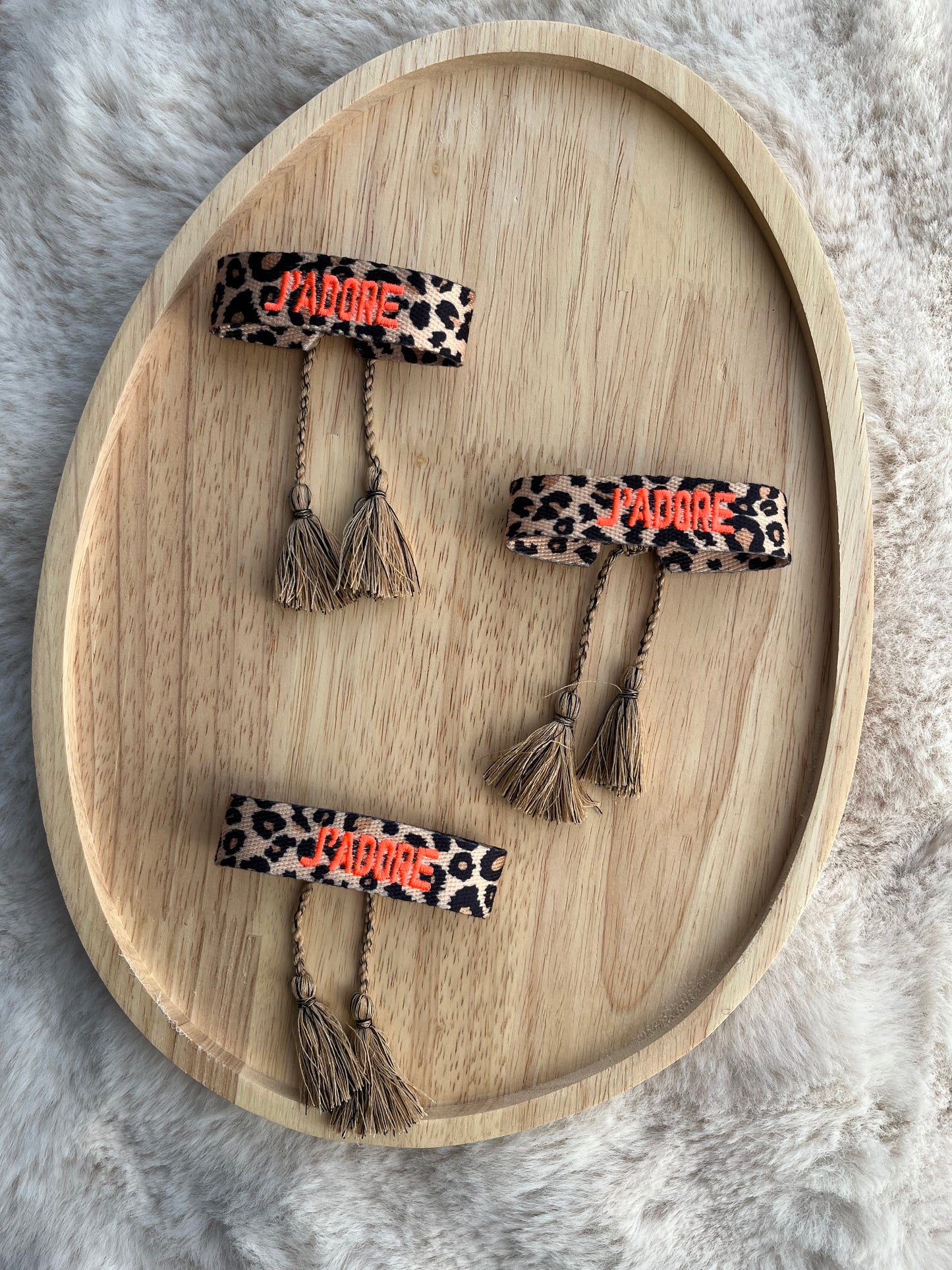 Bracelet tresse j’adore léopard rose/ orange fluo/ bleu électrique/ bleu clair