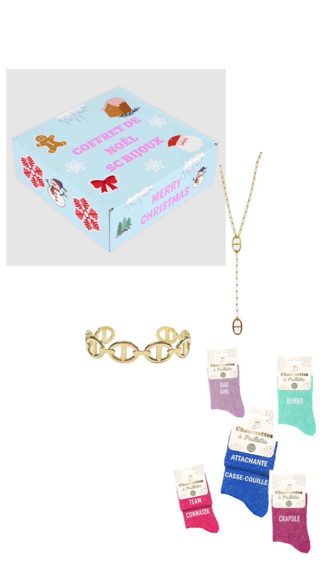 Précommande Coffret de Noël uniquement en doré Sautoir Ambre + jonc Elsa sans strass + paire de chaussettes à paillettes