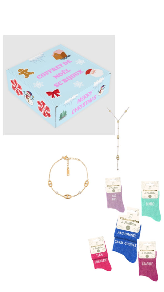 Précommande Coffret de Noël Sautoir Célia + bracelet Célia + paire de chaussettes à paillettes