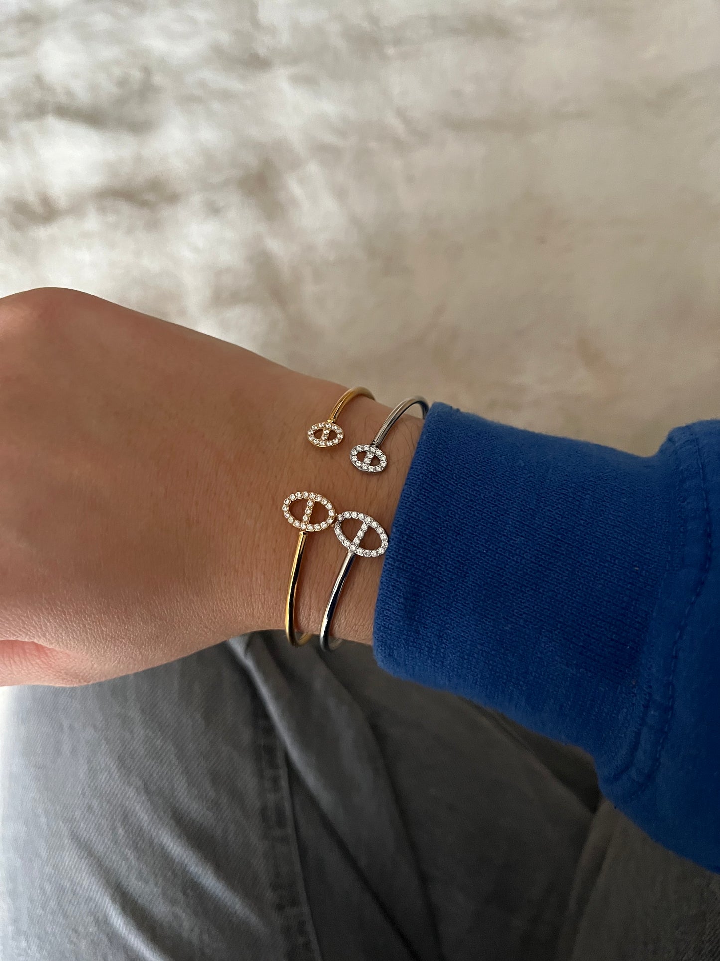 Jonc Maille marine STRASS acier inoxydable argenté ou doré