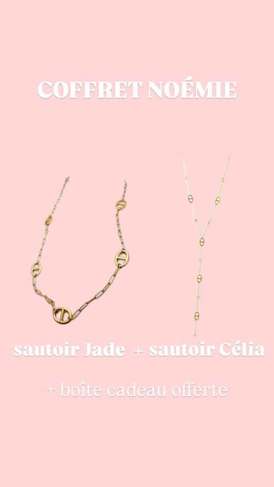 Coffret NOÉMIE ( Sautoir Jade + Sautoir Célia ) en acier inoxydable argenté ou doré