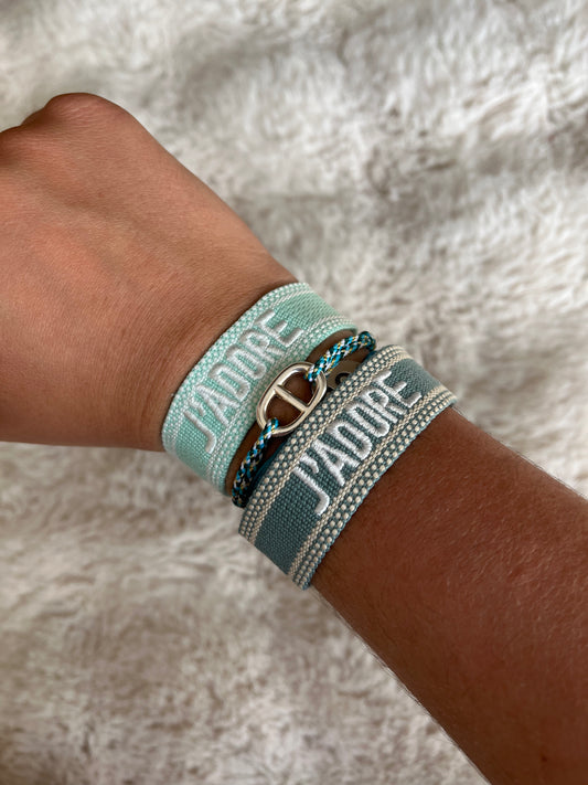 Bracelet tressé j’adore bleu turquoise/ vert turquoise