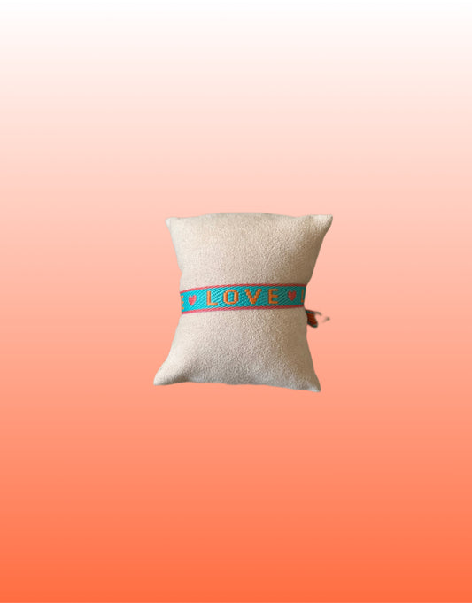 Bracelet ruban LOVE bleu turquoise/ orange